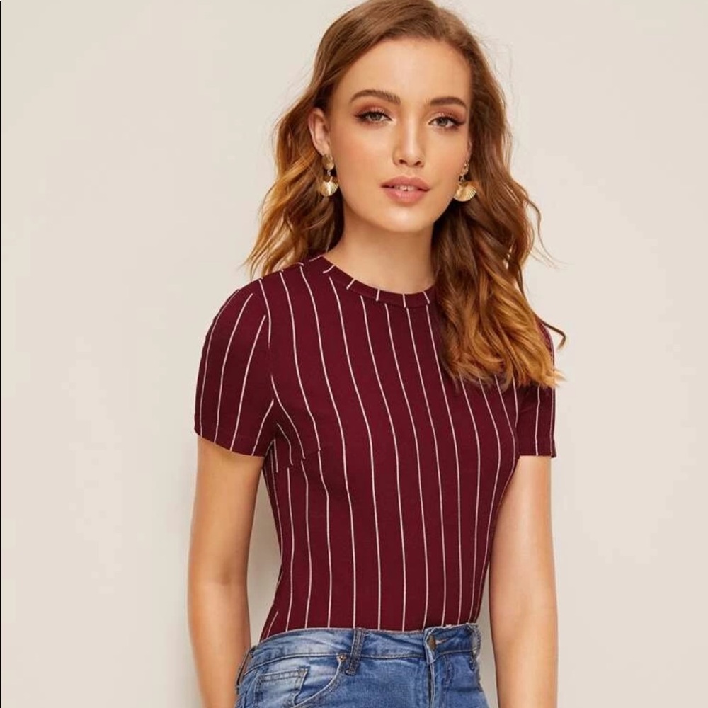 SHEIN Red Striped Shirt Round Neck Top